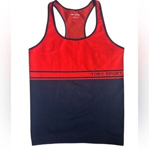 Women’s Small Tory Sport Two-Tone Seamless Racerback Tank in red and navy blue.